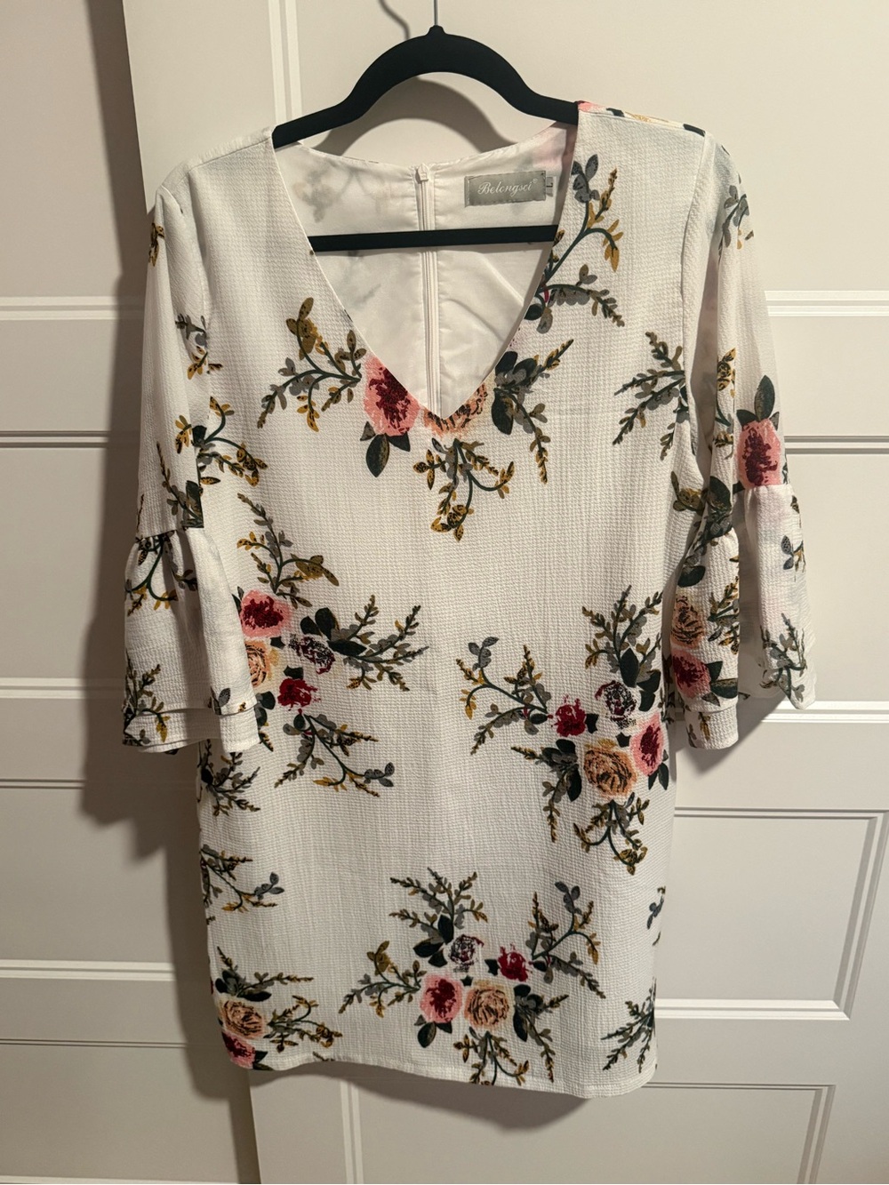 Floral V-Neck Mini Dress in White with Pink & Green Print